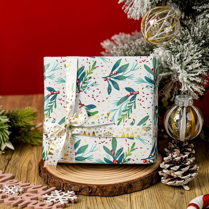 Retrify White Wrapping Paper Roll - Cute Red Berry and Green Leaves Mini Roll Foil Gift Wrap Paper for Christmas Holiday Festive Decoration - 17 Inches x 32.8 Feet - Image 5